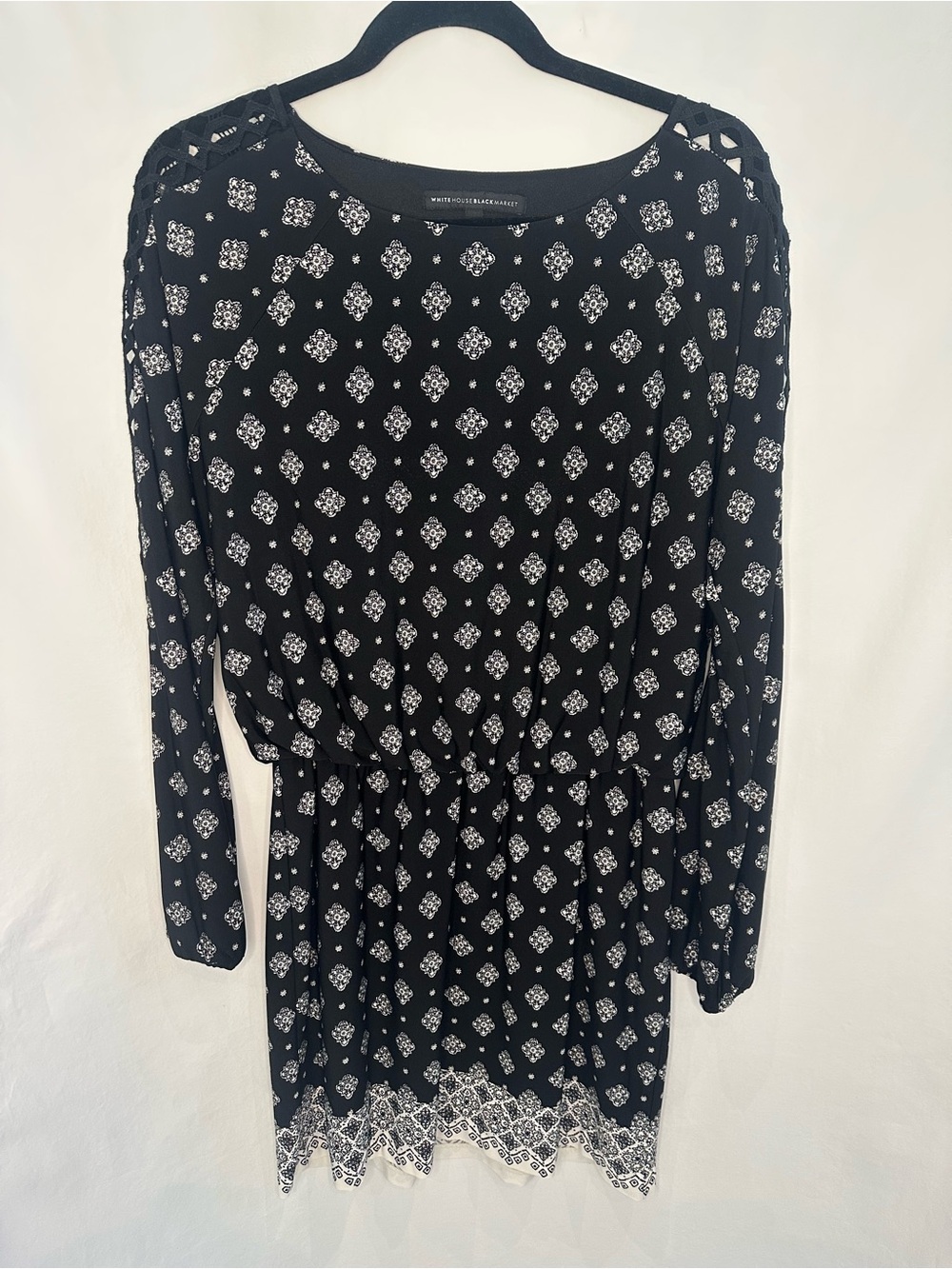 White House Black Market Black and White Patterned Long-Sleeve Dress